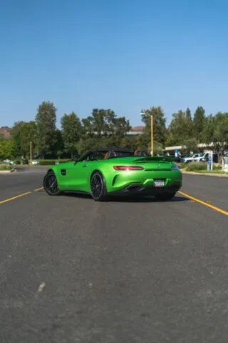Mercedes AMG GT R Roadster Green Hell Magno PPF Rear Three Quarter Convertible Top Down