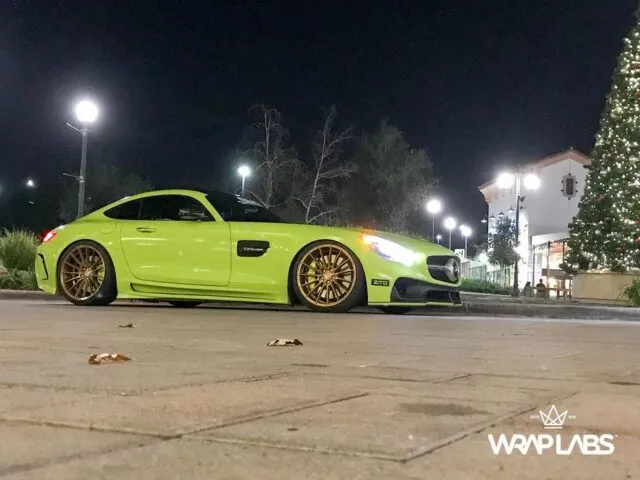 Mercedes AMG GT S Neon Lime Green Vinyl Wrap Gold Wheels Side Profile Night Christmas Tree