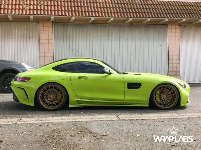 Mercedes AMG GT S Neon Lime Green Vinyl Wrap Gold Wheels Side Profile WrapLabs Shop