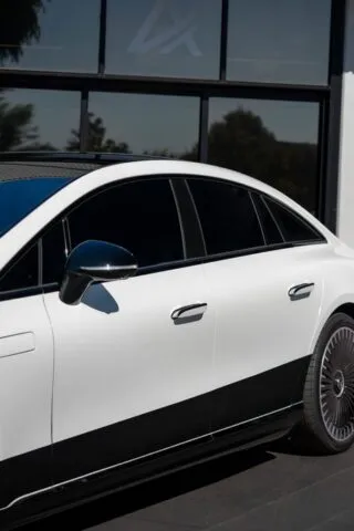 Mercedes EQS White Black Two Tone Vinyl Wrap Side Door Mirror Detail