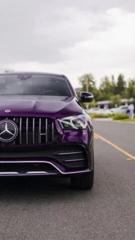 Mercedes GLE 53 Coupe Purple Gloss Vinyl Wrap Front Grille Headlight Close Up
