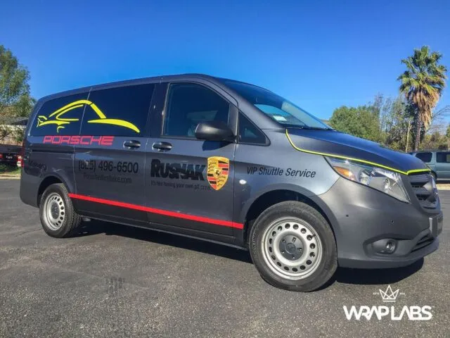 Mercedes Metris Van Porsche Rusnak Westlake Dealership Commercial Vinyl Wrap Front Three Quarter