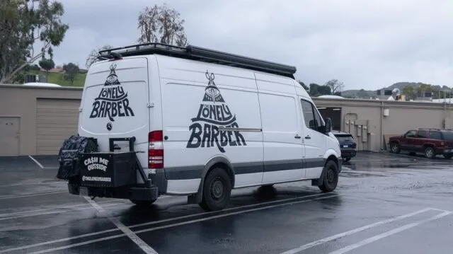 Mercedes Sprinter Van White Business Vinyl Wrap Lonely Barber Rear 3 4, by Wrap Labs, Westlake Village
