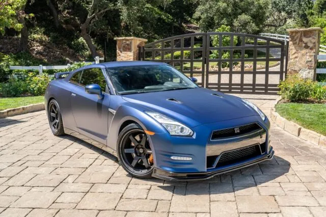 Nissan GT R R35 Matte Blue Vinyl Wrap Front 3 4 Estate Gate v2