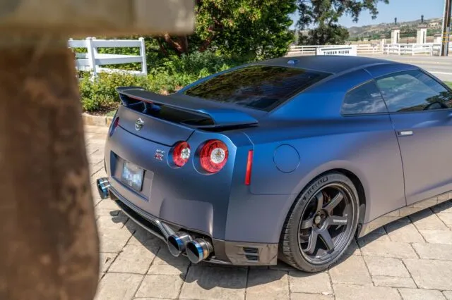 Nissan GT R R35 Matte Blue Vinyl Wrap Rear Quarter Spoiler Estate v1