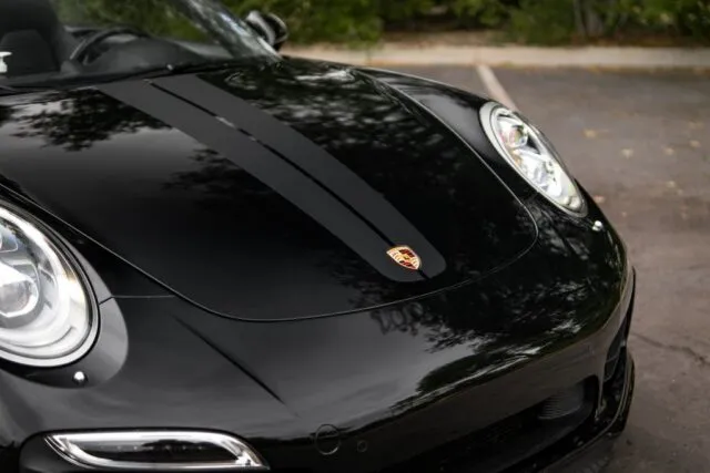 Porsche 911 Black Vinyl Wrap Hood Front Detail