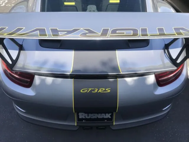 Porsche 911 GT3 RS Silver Grey Antigravity Stripes Rear Wing Taillight Detail