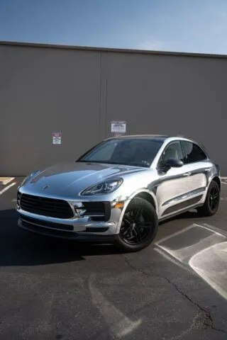 Porsche Macan Chrome Silver Vinyl Wrap Full Car Front Three Quarter
