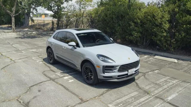 Porsche Macan Silver PPF Front Three Quarter Overhead Parking Lot