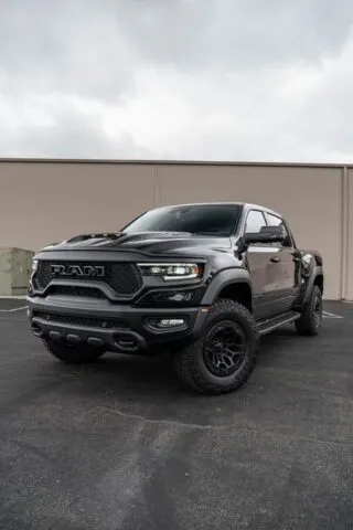 Ram TRX Black Vinyl Wrap Front Side Overcast