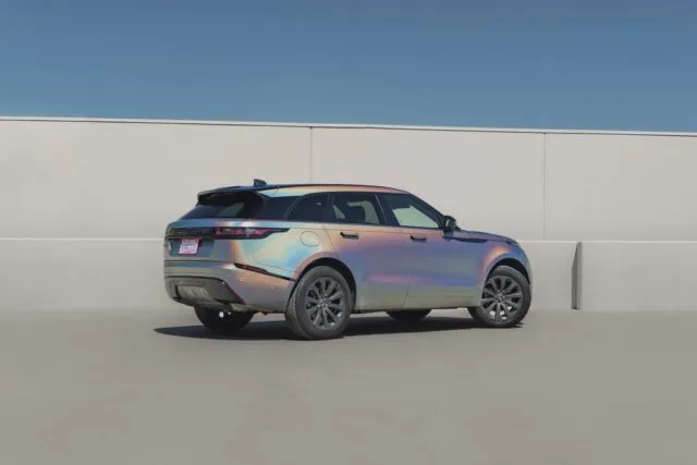 Range Rover Velar Holographic Chrome Vinyl Wrap Rear Three Quarter