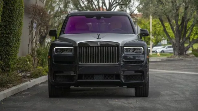 Rolls Royce Cullinan Black Silver Two Tone Purple Interior CPF Front Head On Street