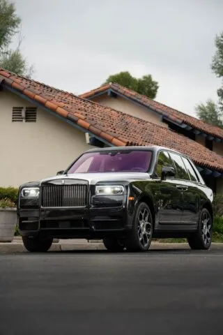 Rolls Royce Cullinan Black Silver Two Tone Purple Interior CPF Front Three Quarter Low Street