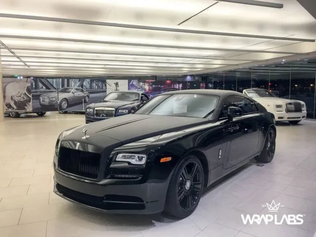 Rolls Royce Wraith Black PPF Front Three Quarter Dealership Indoor