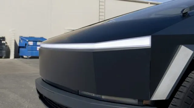 Tesla Cybertruck Matte Black Vinyl Wrap Front Light Bar Closeup