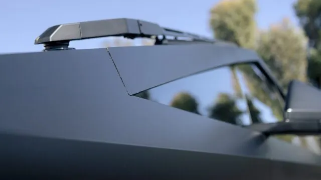 Tesla Cybertruck Matte Black Vinyl Wrap Roofline A Pillar Detail