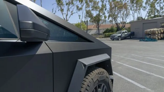 Tesla Cybertruck Matte Gray Vinyl Wrap Front Fender Pillar Detail