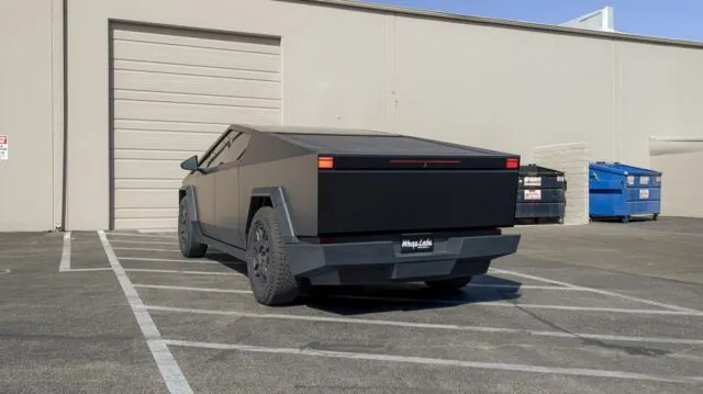 Tesla Cybertruck Matte Gray Vinyl Wrap Rear 3 4 WrapLabs Plate