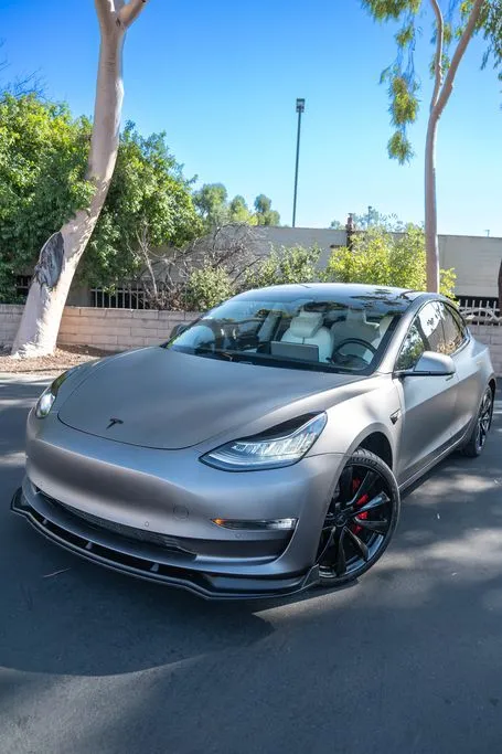 Matte grey vinyl-wrapped Tesla Model 3 built by Wrap Labs