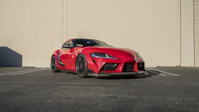 Toyota GR Supra Red PPF Carbon Splitter Front 3Quarter Wall