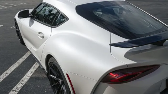 Toyota GR Supra White Paint Protection Film Rear Three Quarter Overhead