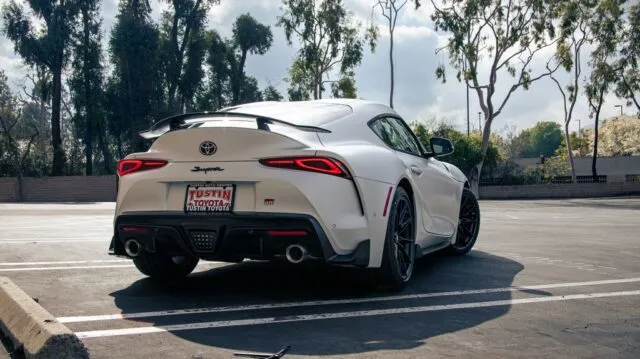 Toyota GR Supra White Paint Protection Film Rear Three Quarter Spoiler
