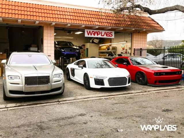 WrapLabs Shop Rolls Royce Ghost Silver Audi R8 White Dodge Challenger Red Lineup Front