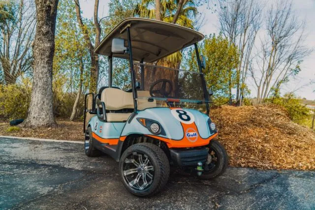 Yamaha Golf Cart Gulf Livery Vinyl Wrap Front Three Quarter Outdoor, by Wrap Labs, Westlake Village