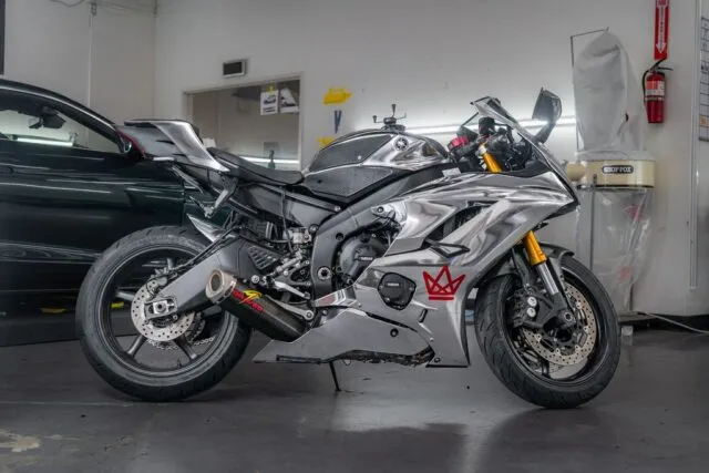 Yamaha R6 Chrome Silver Vinyl Wrap Full Side Profile Shop Indoor, by Wrap Labs, Westlake Village