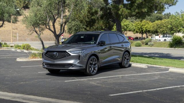 Acura MDX A Spec Grey PPF Front 3Quarter Parking Lot Trees, by Wrap Labs, Westlake Village