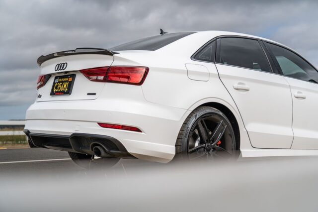 Audi A3 Gloss White Vinyl Wrap Rear Diffuser Carbon Spoiler Detail, by Wrap Labs, Westlake Village