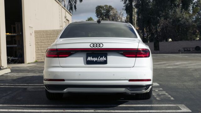 Audi A8 White PPF Rear Straight WrapLabs Shop, by Wrap Labs, Westlake Village