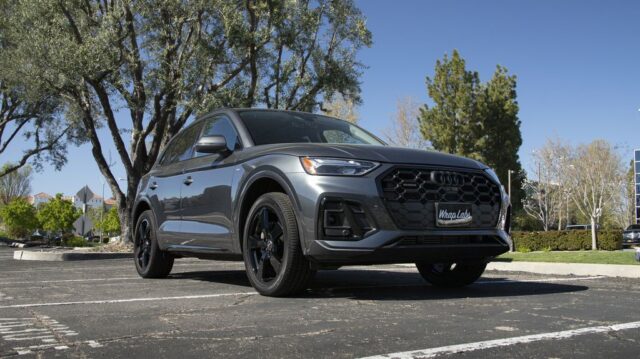 Audi Q5 Matte Grey Vinyl Wrap Black Wheels Front 3Quarter Street, by Wrap Labs, Westlake Village