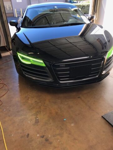 Audi R8 Gloss Black PPF Green DRL Headlight Front Shop, by Wrap Labs, Westlake Village