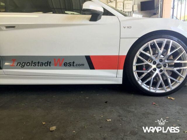 Audi R8 V10 White Ingolstadt West Sponsor Vinyl Wrap Door Rocker Panel Detail, by Wrap Labs, Westlake Village