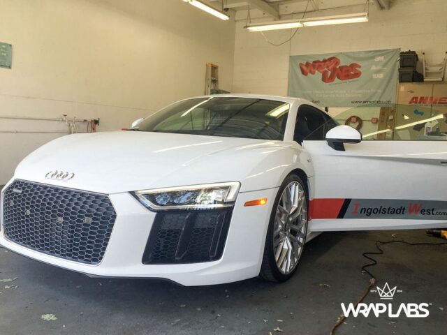 Audi R8 V10 White Ingolstadt West Sponsor Vinyl Wrap Front Head On WrapLabs Shop Indoor, by Wrap Labs, Westlake Village
