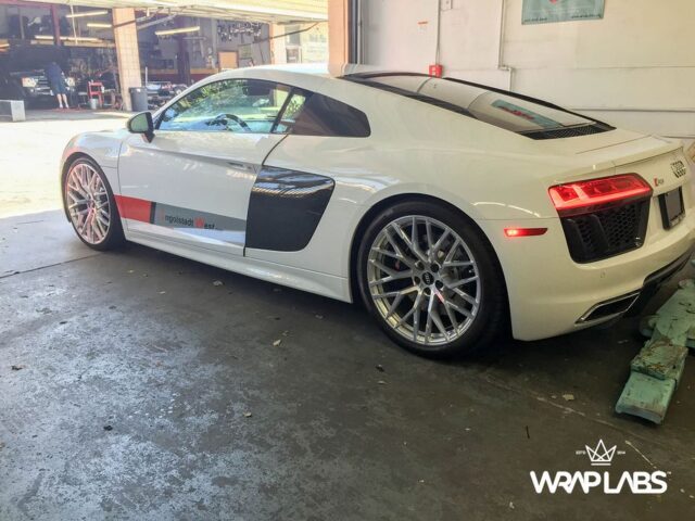 Audi R8 V10 White Ingolstadt West Sponsor Vinyl Wrap Rear Three Quarter WrapLabs Shop, by Wrap Labs, Westlake Village