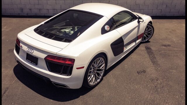Audi R8 White Vinyl Wrap Carbon Roof Rear Overhead, by Wrap Labs, Westlake Village