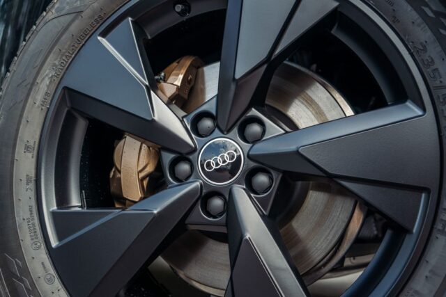 Audi e tron Dark Grey PPF Front Wheel Gold Brake Caliper Detail, by Wrap Labs, Westlake Village