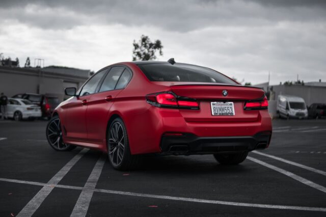 BMW 5 Series Matte Red Vinyl Wrap Rear Two Tone Black Roof, by Wrap Labs, Westlake Village