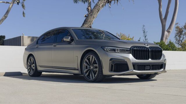 BMW 7 Series M760i Matte Gray PPF Front 3 4 Low Angle Trees, by Wrap Labs, Westlake Village