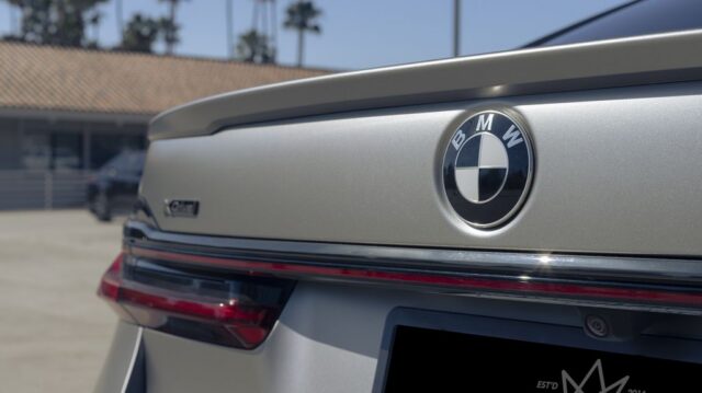 BMW 7 Series Matte Gray PPF Rear Trunk Badge Detail, by Wrap Labs, Westlake Village