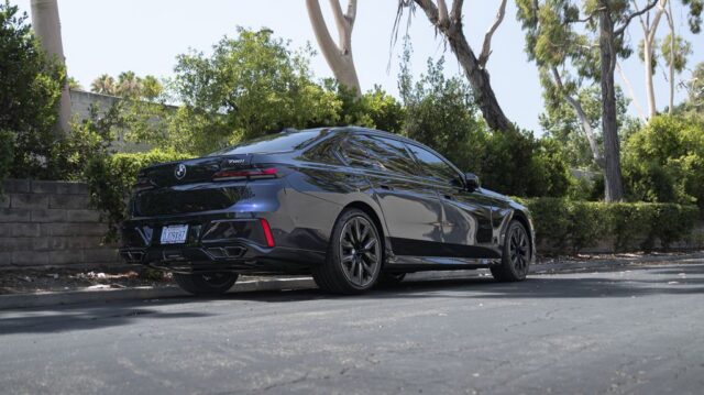 BMW 760i Dark Grey PPF Rear 3Quarter Street Trees, by Wrap Labs, Westlake Village