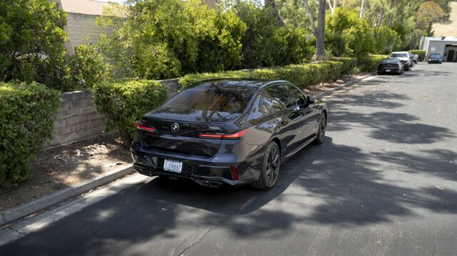BMW 760i Dark Grey PPF Rear 3Quarter Street Trees Alt, by Wrap Labs, Westlake Village