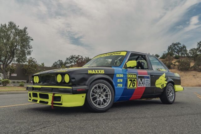 BMW E30 Race Car Full Livery Vinyl Wrap Front Three Quarter Road, by Wrap Labs, Westlake Village