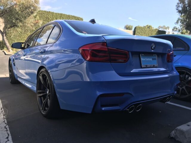 BMW M3 F80 Yas Marina Blue Paint Protection Film Rear Three Quarter, by Wrap Labs, Westlake Village
