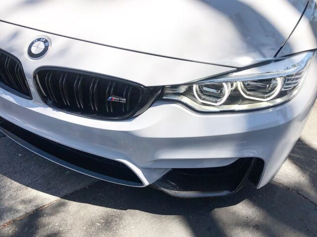 BMW M3 Silver PPF M3 Badge Grille Headlight Carbon Splitter Detail, by Wrap Labs, Westlake Village