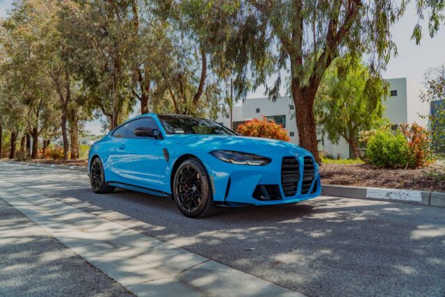 BMW M4 Competition Laguna Seca Blue Paint Protection Film Front 3Quarter, by Wrap Labs, Westlake Village