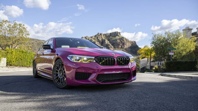BMW M5 F90 Pink Vinyl Wrap Front Low Angle, by Wrap Labs, Westlake Village