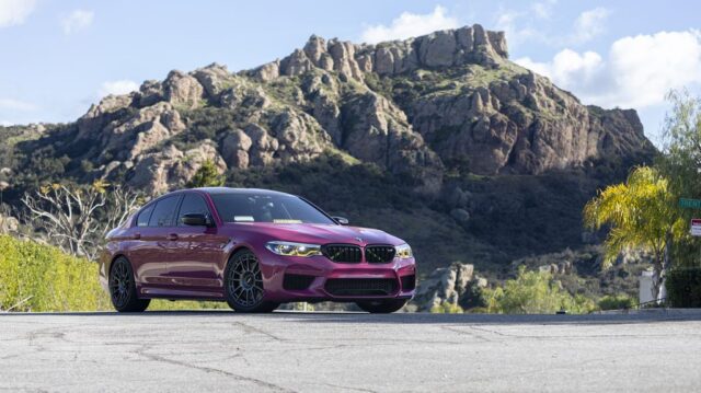 BMW M5 F90 Pink Vinyl Wrap Front Three Quarter, by Wrap Labs, Westlake Village
